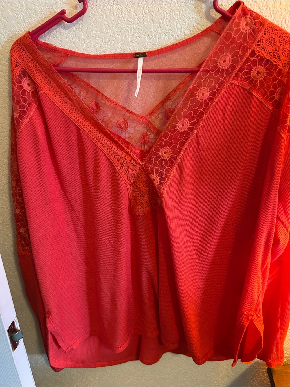Free People Coral Lace-Trim Scoop Neck Sweater Top